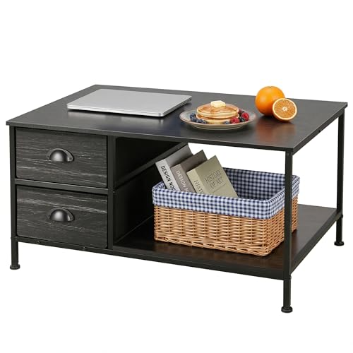 SENIG Small Coffee Table with Drawers for Living Room 31.5 Inch Black Oak | 2-Tier Coffee Table with Storage Simple Center Table for Small Spaces Rectangle Metal Side End Table for Home Kitchen - color: Oak With Drawers, size: 31.5in