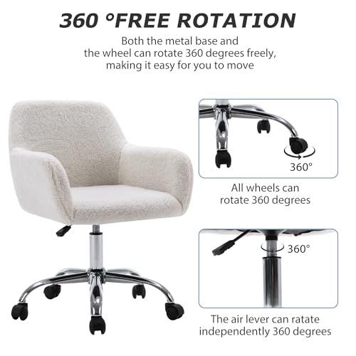 Faux Fur Makeup Vanity Chair,Home Office Desk Chair with Wheels, White | Fluffy Swivel Modern Armchair Upholstered Fuzzy Height Adjustable for Teens Women Girls Elegant for Living Room Bedroom - color: White+plush