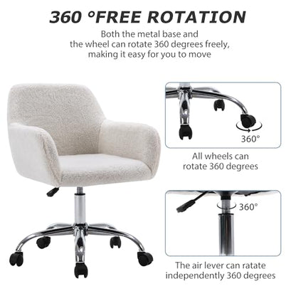 Faux Fur Makeup Vanity Chair,Home Office Desk Chair with Wheels, White | Fluffy Swivel Modern Armchair Upholstered Fuzzy Height Adjustable for Teens Women Girls Elegant for Living Room Bedroom - color: White+plush