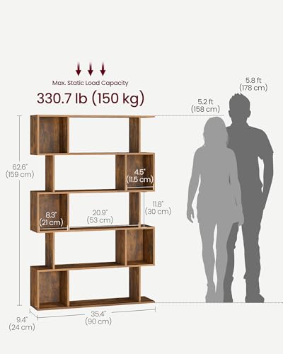 VASAGLE CUSTOS Collection - Bookshelf, 5-Tier Bookcase, Tall Display Shelf, Freestanding Storage Shelf, Room Divider, for Home Office, Living Room, Bedroom, Study, Rustic Brown ULBC416K01 - color: Rustic Brown, style: 5-Tier (35.4"W)