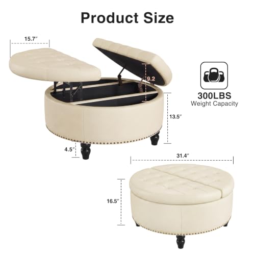 FiveWillowise 30 Inch Large Round Ottoman with Storage Circular,Cream White | Leather Coffee Table with Lift Top,Modern Upholstered Button Tufted Footrest Stool Solid Wood Legs for Living Room,Bedroom - color: Cream White