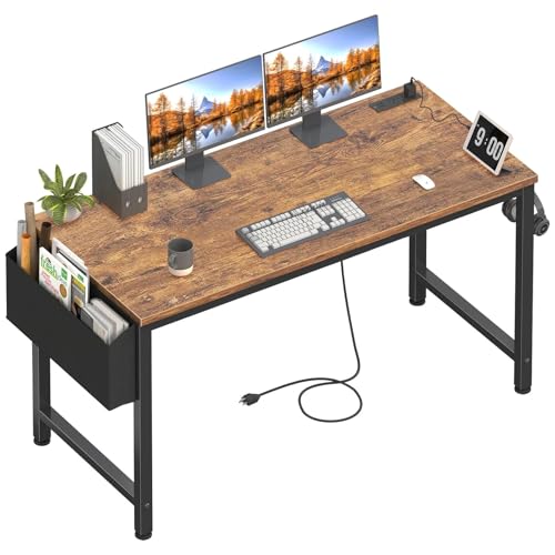 Lufeiya Gaming Desk with Power Outlet, 55 inch Teen Study Table Home Office Work Writing Computer Desks with Charging Station Outlets Built in, Brown - color: Rustic Brown, size: 55.1"