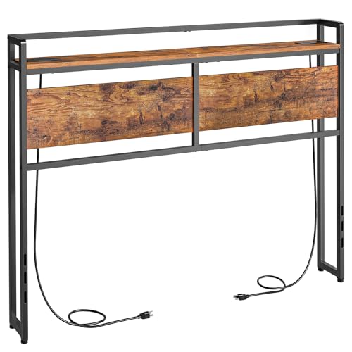 HOOBRO Headboard Full Size, Headboard with 2 Outlets and 4 USB Ports, Adjustable Height, Storage Rack, Sturdy and Stable, Easy Assembly, Rustic Brown and Black - color: Rustic Brown + Black, size: Full