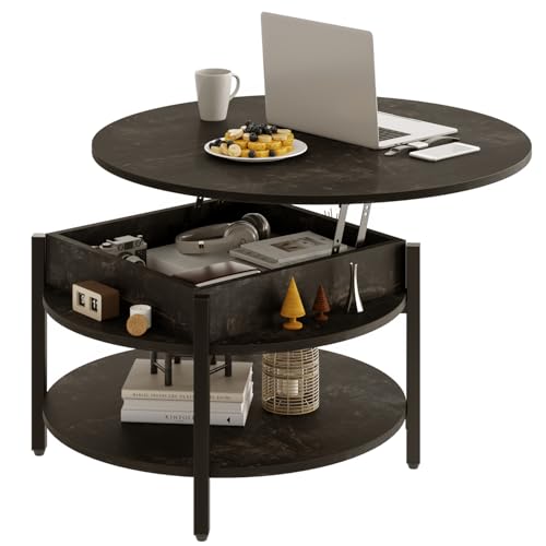 FABATO 26.77” Round Lift Top Coffee Table with Storage, Black Oak | Farmhouse Coffee Table, 2 Tier Small Round Center Table, Center Table for Living Room, Circle Dining Table - color: Black Oak