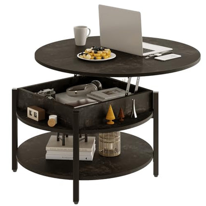 FABATO 26.77” Round Lift Top Coffee Table with Storage, Black Oak | Farmhouse Coffee Table, 2 Tier Small Round Center Table, Center Table for Living Room, Circle Dining Table - color: Black Oak