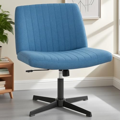 Criss Cross Chair, Armless Cross Legged Office Chair, Comfortable Vanity Chair with Back, Fabric Adjustable Wide Swivel Criss Cross Desk Chair for Home Office, Blue - color: Blue