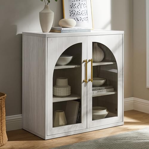 Glass Arched Door Sideboard Buffet Cabinet Set of 2, White | Modular, Multi-Compartment Storage, Adjustable Shelf, Soft Close Hinges, Freestanding, for Dining Room, Living Room - color: White