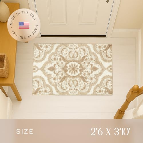 Maples Rugs Vivian Medallion Area Rug – Made in USA – Washable, Non-Slip Indoor Carpet for Kitchen, Entryway, and Living Room, 2'6 x 3'10, Beige - color: Beige, size: 2'6" x 3'10" (Rectangular)