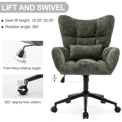Home Office Desk Chair, Modern Tufted Chenille Vanity Chair, Adjustable Upholstered Swivel Computer Chairs for Bedroom, Living Room，Green - color: Green
