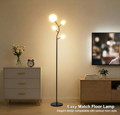 Fiqevs 4 Globe Floor Lamp for Living Room, Mid Modern Standing Tree Lamp | 3000K Warm White Light, 4 LED Bulbs Included, Sphere Ball Frosted Glass Shade Tall Lamp for Bedroom/Office, Matt Black - color: 4 Globe Tree- Black