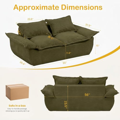 56" Boneless Loveseat, 2-Seater Green Boneless Sofa with Removable Cushions & 2 Pillows, Small Boneless Couch Deep Seat Compress Foam Sofa for Living Room, Apartments, & Office - color: Green, size: Loveseat（56")