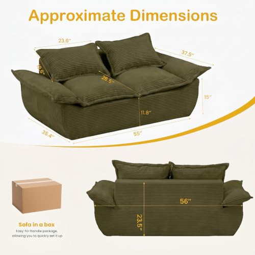 56" Boneless Loveseat, 2-Seater Green Boneless Sofa with Removable Cushions & 2 Pillows, Small Boneless Couch Deep Seat Compress Foam Sofa for Living Room, Apartments, & Office - color: Green, size: Loveseat（56")