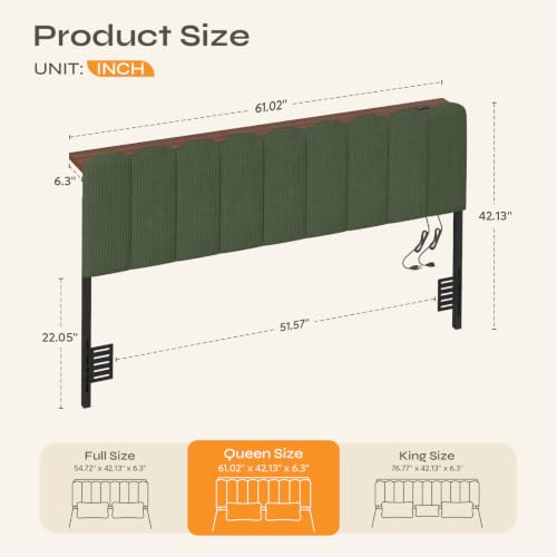 Queen LED Light Headboard with Storage Shelf, Olive Green | RGB LED 20 colors 21 modes, remote control, scalloped tufted, USB-A & Type-C ports, storage shelf, adjustable, foam padded - color: Olive Green, size: Queen