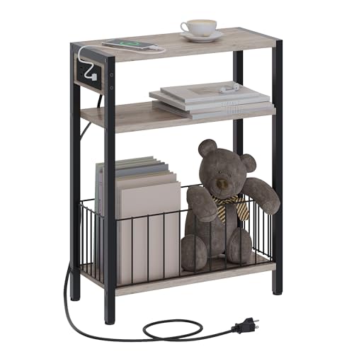 TRIFEBLE Narrow Side Table with Charging Station, Small End Table for Small Spaces, Slim Nightstand with Storage Basket, 3 Tier Skinny Bedside Table for Living Room, Bedroom, Greige - color: Greige
