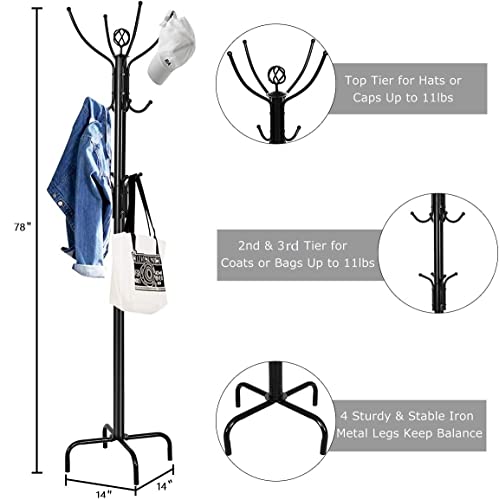Tangkula Coat Rack Freestanding, 78 Inch Heavy Duty Metal Coat Tree, Free Standing Entryway Hat Coat Jacket Umbrella Holder, Clothes Hanger with Base Coat Rack Stand Black