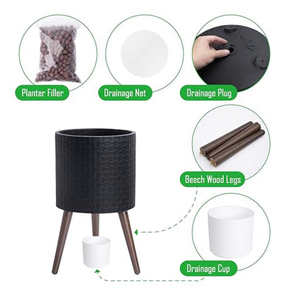 D'vine Dev Planter Pot with Wood Stand, 12 in, Matte Black, 88-Z-C-2 | Mid-Century Modern Style, Elevated Plant Display, Drainage Hole and Plug, Functional & Stylish, Modern Indoor Planter - color: Matte Black, size: Large