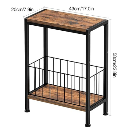 Narrow Side Table, Skinny End Tables with Magazine Holder, Small Sofa Table for Small Spaces, Space-Saving Design, Slim Nightstand Bedside Table for Living Room, Bedroom, Office, Rustic Brown - color: Rustic Brown