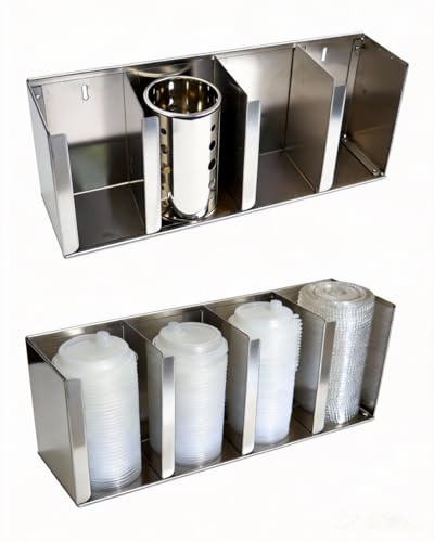 Stainless Steel Cup Dispenser,4 Compartments Cup Holder and Lid Holder with Adjustable Dividers,Cup Organizer for Kitchen Cabinets Cafe Shop Restaurant,Includes Straw Holder - size: 4 Compartments