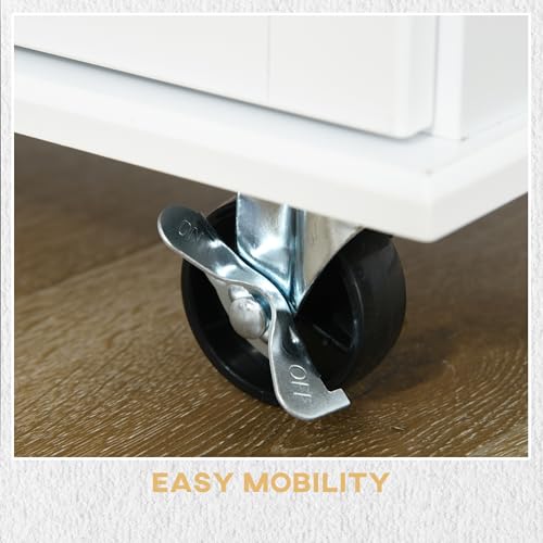 HOMCOM Drop Leaf Kitchen Island on Wheels, Rolling Kitchen Cart with Cabinet, 3 Drawers, Wooden Top, Towel Rack and Spice Rack, White