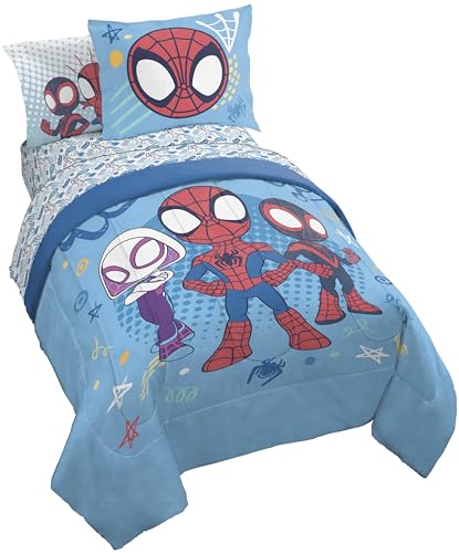 Jay Franco Marvel Spidey and His Amazing Friends 7 Pc Full Comforter Set | Super Soft Microfiber Bed in a Bag, Superhero Bedding, Ghost-Spider, Machine Washable, Official Marvel Product, Kids Gift - color: Light Blue - Spidey & His Amazing Friends, size: