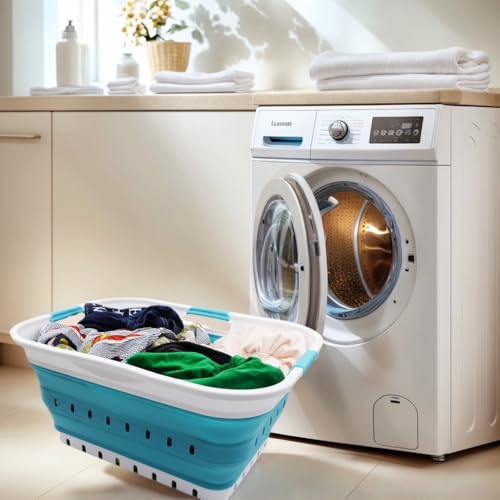 SAMMART 42L (11 gallon) Collapsible Plastic Laundry Basket - Foldable Pop Up Storage Container/Organizer - Portable Basket - Space Saving Hamper/Basket (2, White/Bright Blue) - color: White/Bright Blue