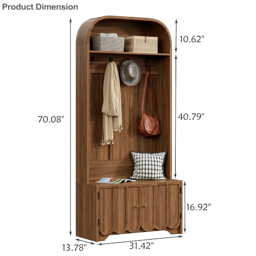 Narrow Entryway Hall Tree with Storage, Entryway Storage Bench w Coat Rack | hall tree, 70" Arch Coat Rack with 4 Hooks and 2 Fluted Doors,Farmhouse Furniture Organizer for Hallway, Walnut - color: Walnut Oak
