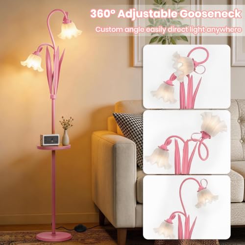 Pink Flower Floor Lamp with Table, Adjustable Floral Standing Lamp for Girl | Gooseneck Floor Lamp with 3 Color Temperature, LED Bright Standing Lamp for Living Room, Bedroom, Corner, office - color: Peach Pink