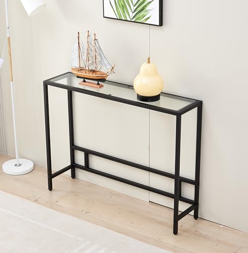 Small Modern Console Table for Entryway, Tempered Glass with Metal Frame Sofa Table for Living Room, Hallway, Office (Single-Layer, Black) - color: Black, style: Single-layer