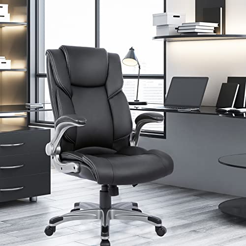 COLAMY High Back Executive Office Chair - Padded Leather Ergonomic Computer Desk Chair with Inflatable Lumbar Support & Flip-Up Arms, Adjustable Tilt Lock Swivel Task Chair for Home Office, Black - color: Black, size: Set of 1