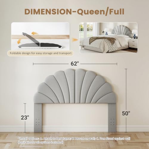 Queen Size Headboard Only, Velvet Petal Wall Mounted, Light Gray | 2 installation options: 1.bed frame mount 2.wall mount (for adjustable bed), Easy to install, Elegant and unique design - color: Velvet-gray, size: Queen/Full