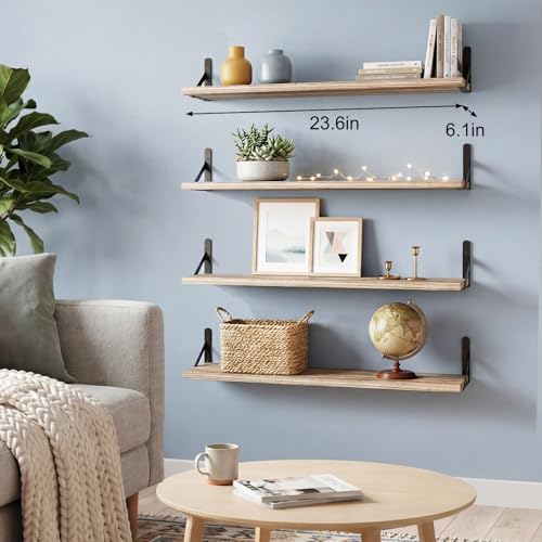 YGEOMER 23.6in Floating Shelves for Wall, Light Carbonized Brown, Set of 4 | Rustic wood shelves with metal brackets. Space-saving for books & decor. Works in bathroom, kitchen, living room & bedroom. - color: Light Carbonized Brown, size: 23inch Standard