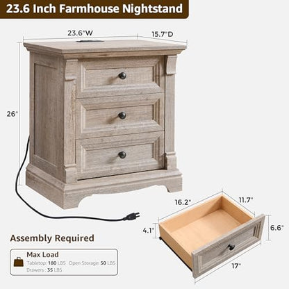 Farmhouse 26"H Night Stand Set of 2, 23.6"W End Table with Charging Station | Wood Side Table w/Roman Column, End Tables Living Room Set Of 2, Bedside Cabinet for Bedroom, Living Room, Light Rustic Oak - color: Light Rustic Oak, size: 23.6"W x 15.7"D x 26