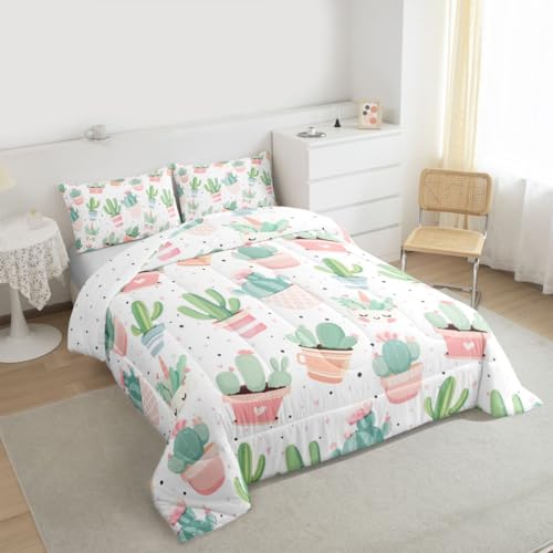 Cute Cactus Comforter for Girls Kids Bedroom Children Women Boho Succulent Bedding Set Queen Tropical Botanical Comforter Set Pastel Pink Green Decor Quilted Duvet Insert (1 Comforter + 2 Pillow Case) - color: Multi 031, size: Queen