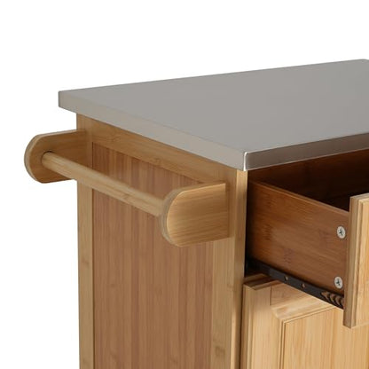 Christopher Knight Home ZAH Bamboo Rolling Cart with Drawers, Kitchen Bar Cart on Wheels with Stainless Steel Top, Mobile Rolling Kitchen Cart Storage Cabinet, Serving Cart, 29.13'' x 18.5'', Natural - size: Small