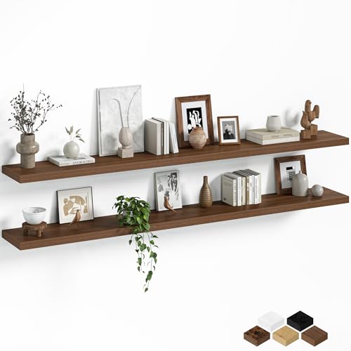 Fun Memories Floating Shelves for Wall, 72 Inch Long Set of 2 Rustic Wood Wall Shelves with Invisible Brackets, Heavy Duty Storage Display for Living Room Bedroom Kitchen, Walnut - color: Walnut Brown, size: 72"W x 8"D, Set of 2