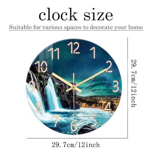 XNM Glass Teal Wall Clocks Battery Operated 12 Inch | Analog Natural Landscape Wall Clock for Bedroom Living Room Kitchen Round Small Silent Clock - color: Teal 10, size: 12 Inch