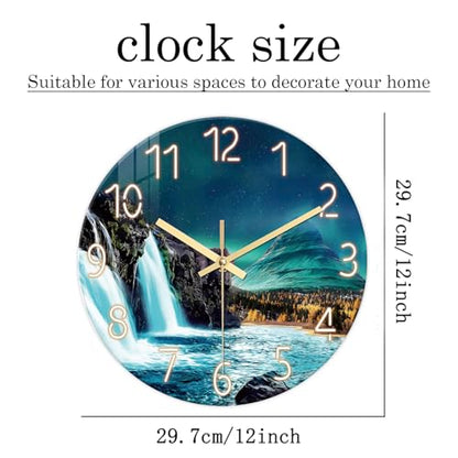 XNM Glass Teal Wall Clocks Battery Operated 12 Inch | Analog Natural Landscape Wall Clock for Bedroom Living Room Kitchen Round Small Silent Clock - color: Teal 10, size: 12 Inch