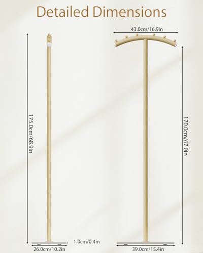Modern Coat Racks,T-Shaped Coat Stand with Rock Base,68.9in Gold | Metal Garment Racks with Anti Slip Knot,Arcuate Clothes Display Hanger with Natural Patterned Bottom Plate for Bedroom - color: Gold
