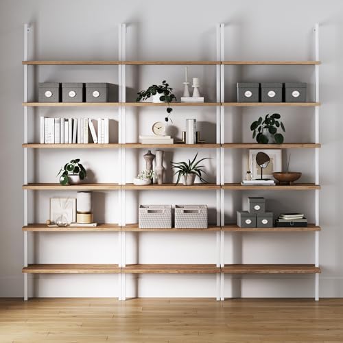 Nathan James Theo 6-Shelf Tall Bookcase, Wall Mount Bookshelf with Natural Wood Finish and Industrial Metal Frame, Rustic Oak/White, Set of 3 - color: Oak/Matte White, size: Set of 3