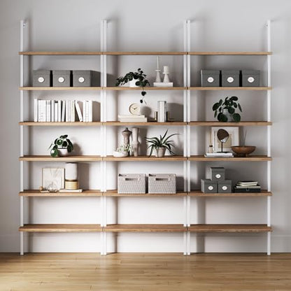 Nathan James Theo 6-Shelf Tall Bookcase, Wall Mount Bookshelf with Natural Wood Finish and Industrial Metal Frame, Rustic Oak/White, Set of 3 - color: Oak/Matte White, size: Set of 3
