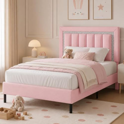 HOMBCK Twin Bed Frames with Faux Leather Upholstered Headboard | Twin Bed Frame with Diamond Vertical Design, No Box Spring Needed, Under Bed Storage, Easy Assembly, Pink - color: Pink, size: Twin
