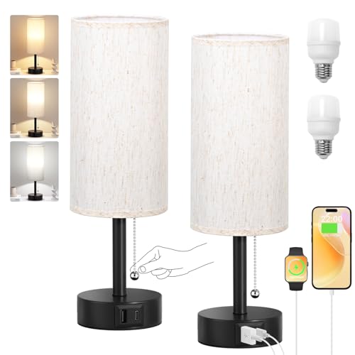 Cream Bedside Table Lamps Set of 2 - Bedroom Lamp for Desk, USB C+A | 3CCT(3000K/4000K/5000K), LED Bulbs Included, Cream Fabric Lampshade, 14in Small Lamp for Nightstand, Guest Room, Living Room - color: Cream Lampshade, size: 14.0in
