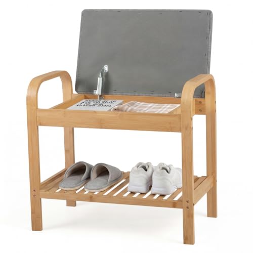 GOFLAME Bamboo Shoe Bench with Storage, 2-Tier Entryway Bench with Flip-Top Storage and Padded Seat Cushion, Shoe Rack Organizer with Shelf for Hallway, Bedroom, Living Room - style: With Storage - Small Size