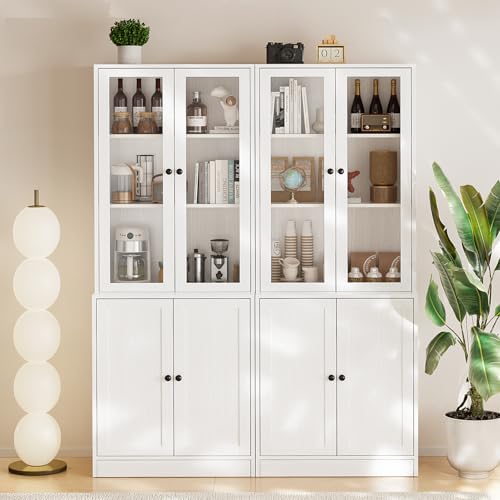 TUSY 71" TV Stand Storage Set - 2 Tall Bookcases & 2 Side Cabinets, Media Console with Glass & Wood Doors, Entertainment Center with Drawers, Tall Media Console for Living Room (White, AFFA) - color: White