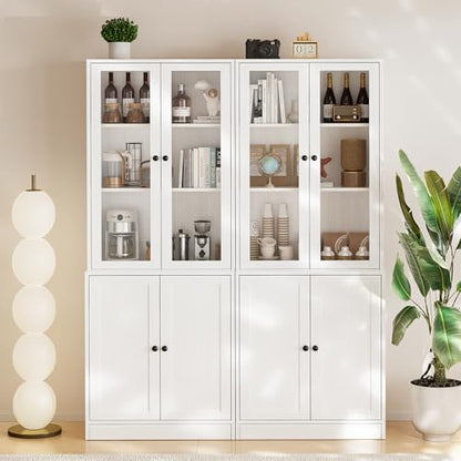 TUSY 71" TV Stand Storage Set - 2 Tall Bookcases & 2 Side Cabinets, Media Console with Glass & Wood Doors, Entertainment Center with Drawers, Tall Media Console for Living Room (White, AFFA) - color: White