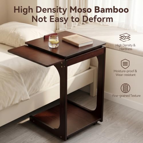 Mazatzal C-Shaped End Table with Wheels, Bamboo, Walnut | Rolling Couch Table, Ultra-Silent Casters, 5-Angle Adjustable Desktop, Foldable Shelf, for Living Room Home Office