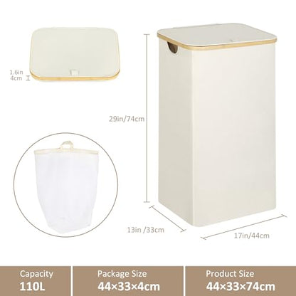 IEGrow Laundry Hamper with Lid,110L Laundry Basket with Mesh Bags,Beige | Dirty Clothes Hamper Basket with Bamboo Handle for Clothes Towels - color: Beige, size: 110L