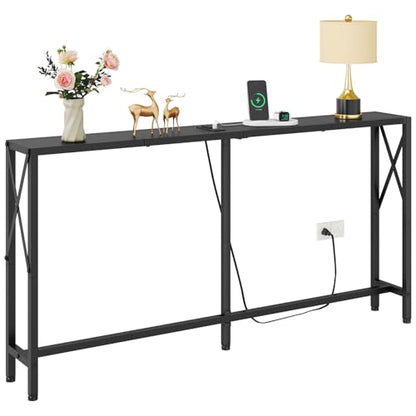 Gewudraw Narrow Console Table with Socket, Sofa Table Behind Couch, Black | 55.1" Couch Table, Industrial Style, Long Skinny Design,For Hallway,Living Room,Bedroom, Built-In Outlets & USB,140cm Length - color: Black, size: 55.1 in