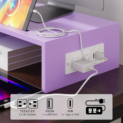 Dual Monitor Stand with USB Ports Wood Monitor Stand Riser with Drawer | Adjustable Desk Shelf,Desk Organizer for Computer,Laptop,Study&Office,No Assembly Required,Pink