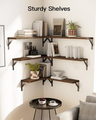 Amada Solid Paulownia Wood Wall Shelves, Large Size, 6 Pcs, Brown | Wood Floating Shelves with Metal Brackets, 2 Ways to Install, Flexible 6-Piece Arrangement for Bathroom & Bedroom Wall Decor - color: Brown, size: Large